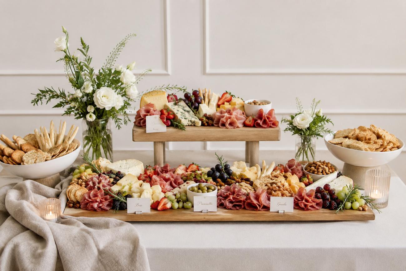 Concept image of a grazing table with cheeses, cured meats, fruit and white flowers
