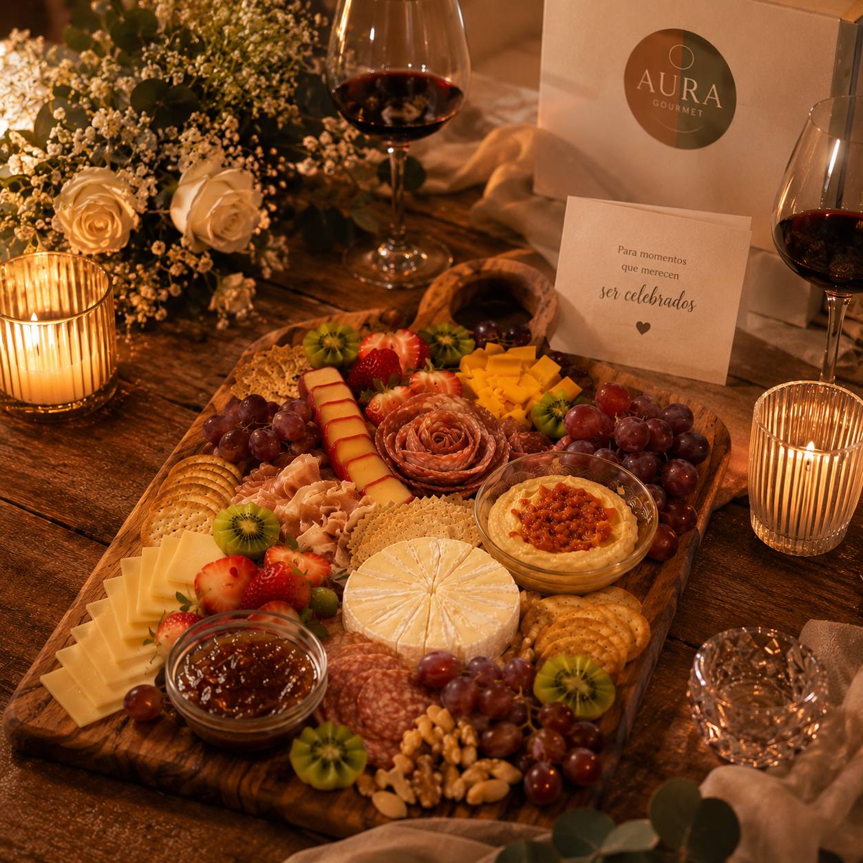 Aura Gourmet charcuterie board with brie, salami roses, fruit and red wine by candlelight